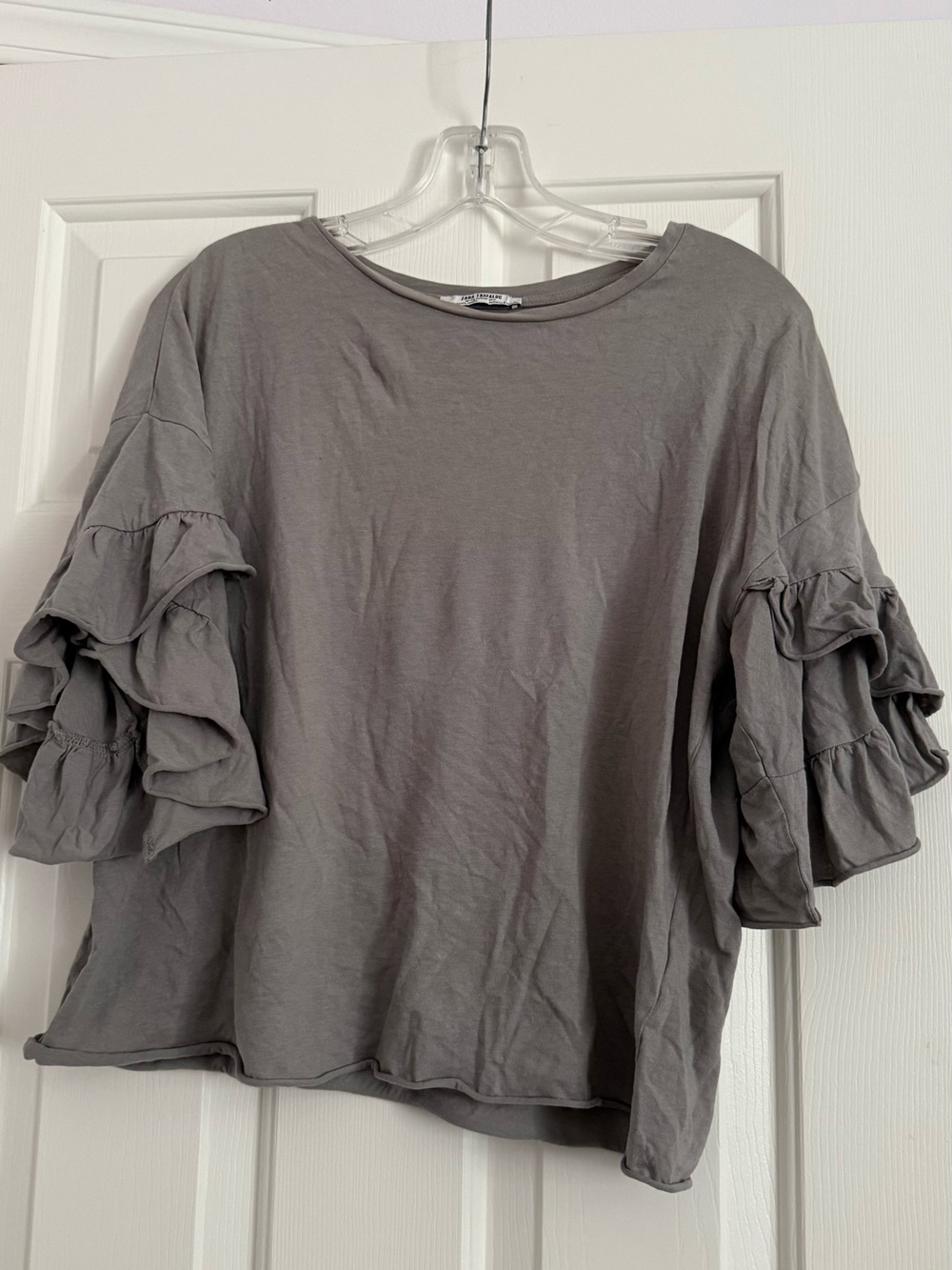Zara Gray Ruffled Short-Sleeve Cotton Tee